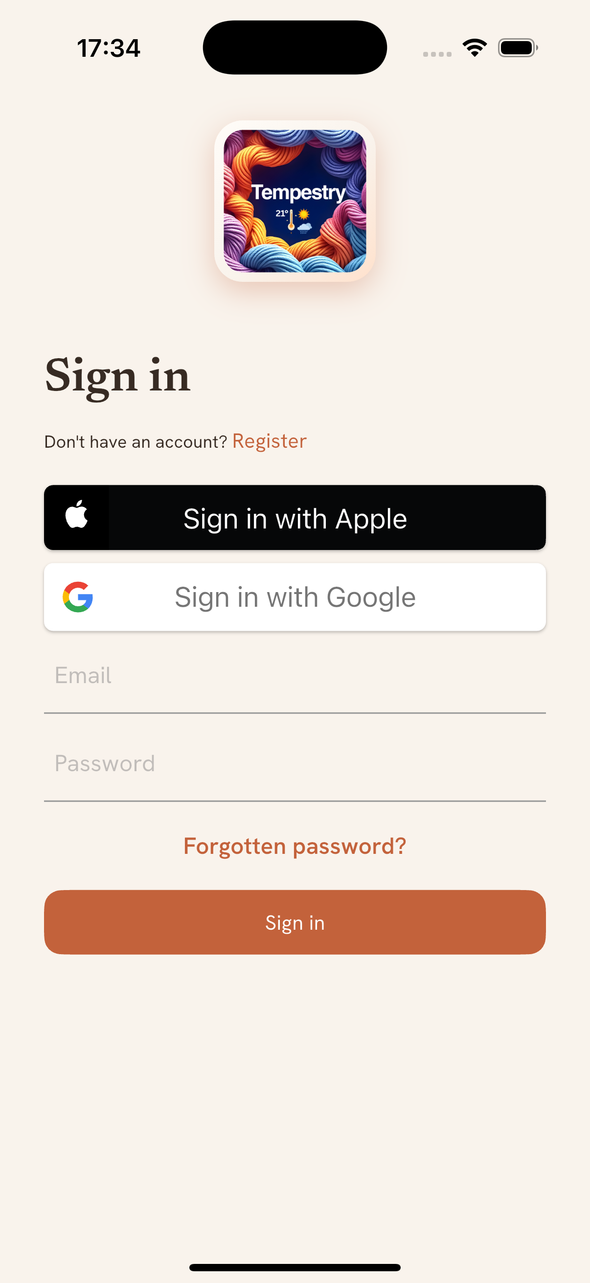Tempestry sign-in screen