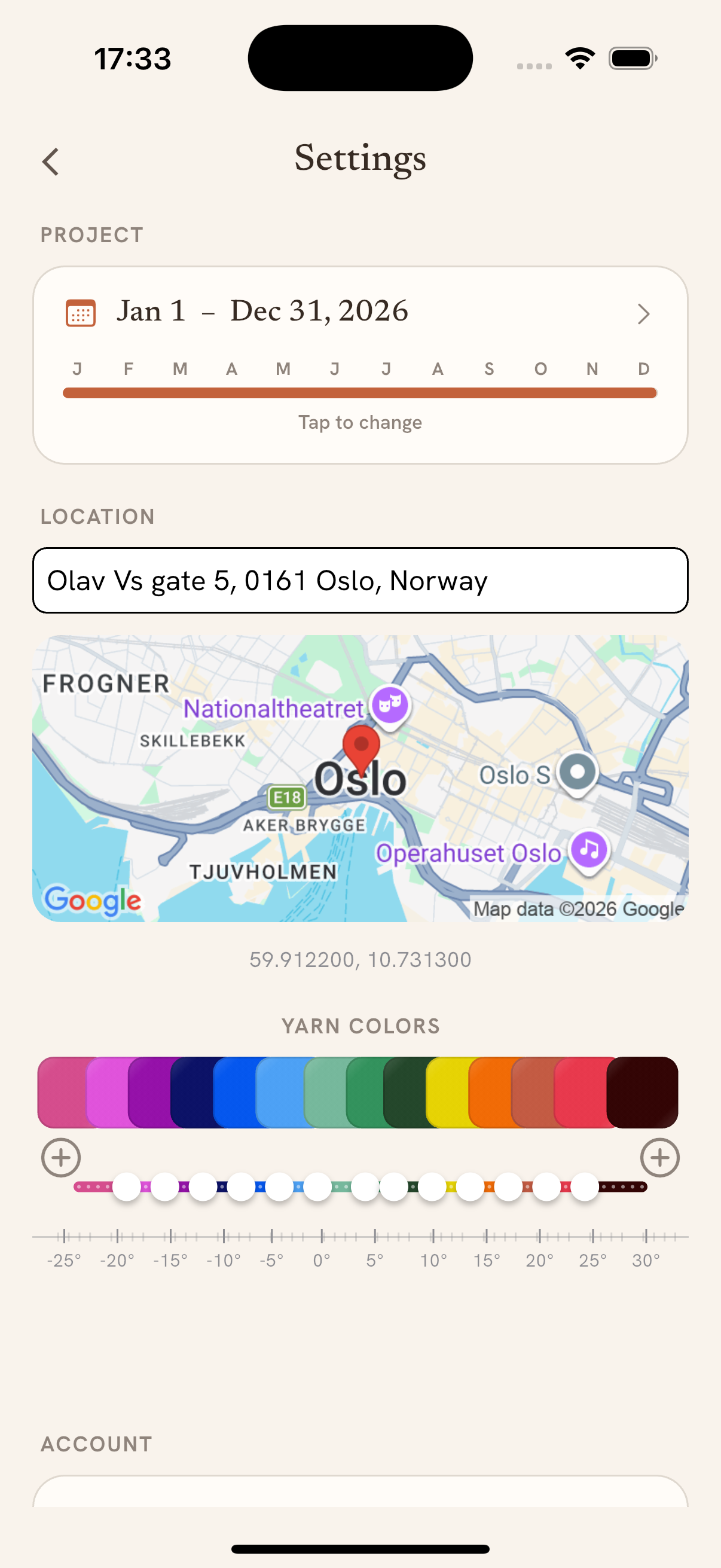 Settings screen with temperature-to-color mapping